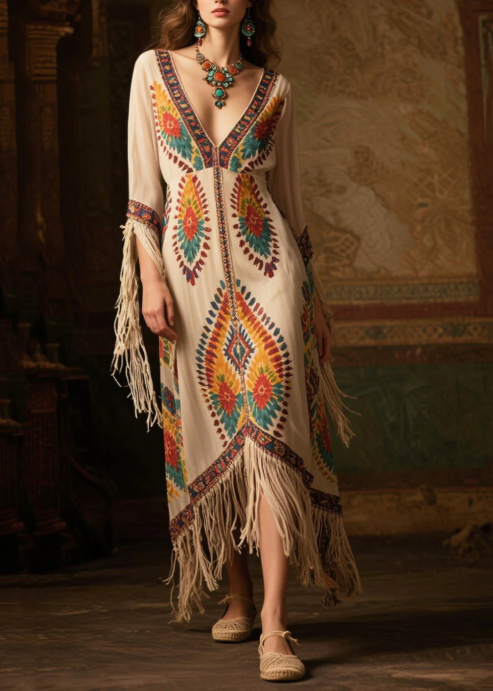 Women Beige Tasseled Print Chiffon Maxi Dresses Summer - Image 3