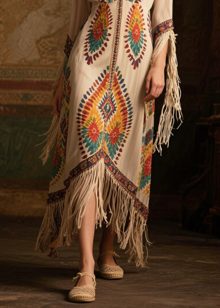 Women Beige Tasseled Print Chiffon Maxi Dresses Summer - Image 4