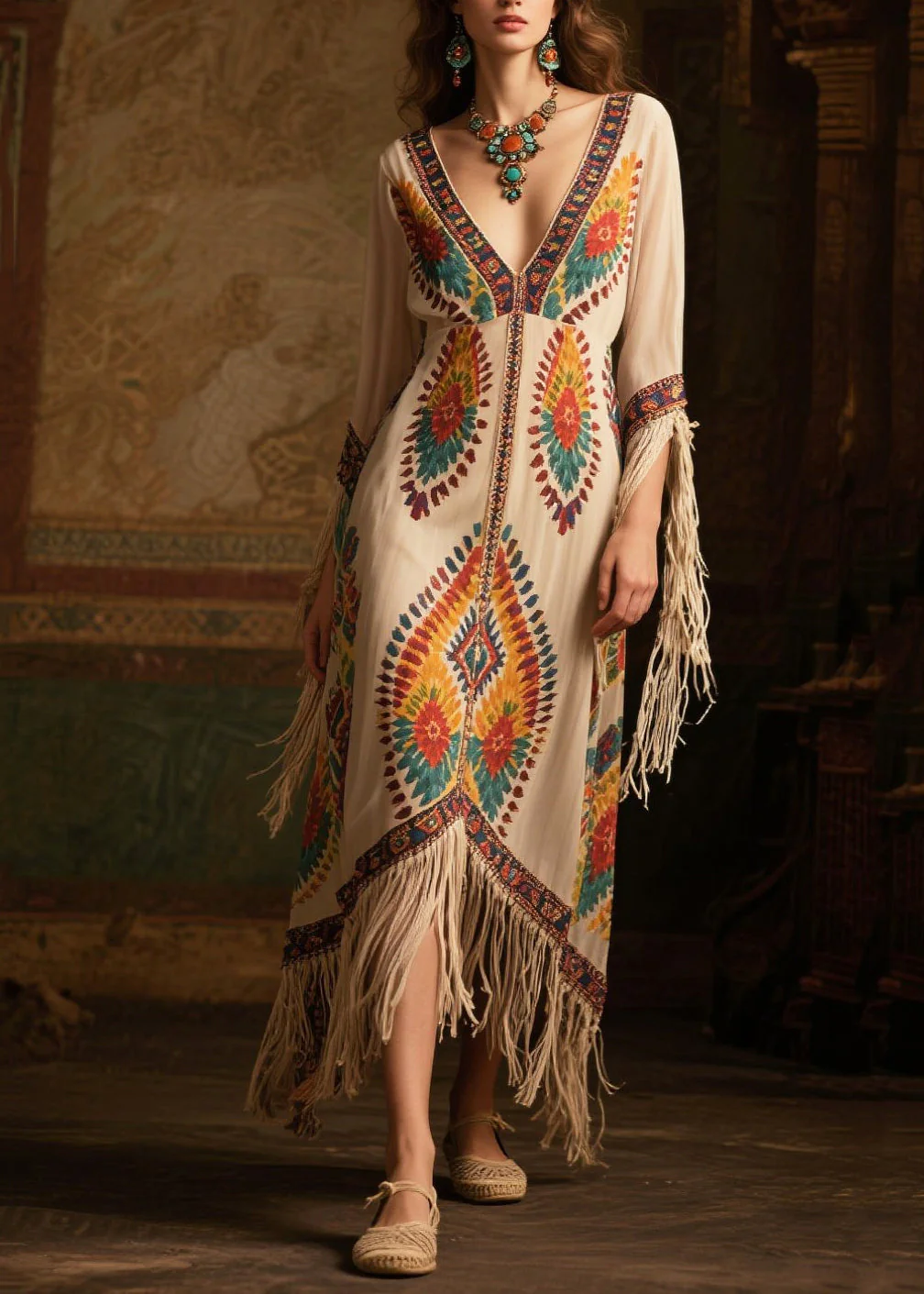 Women Beige Tasseled Print Chiffon Maxi Dresses Summer - Image 5