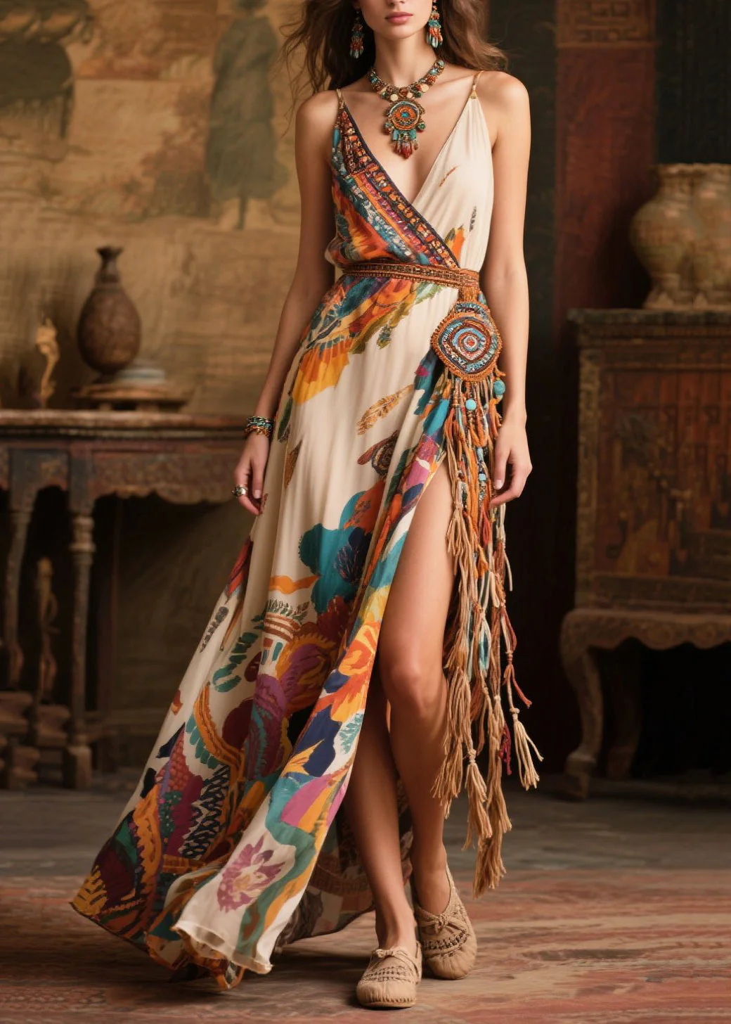 Women Beige Tasseled Side Open Chiffon Sundress Summer - Image 5