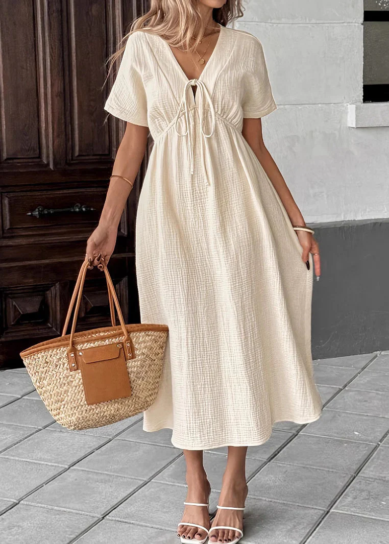 Women Beige V Neck Lace Up Patchwork Cotton Dress Summer