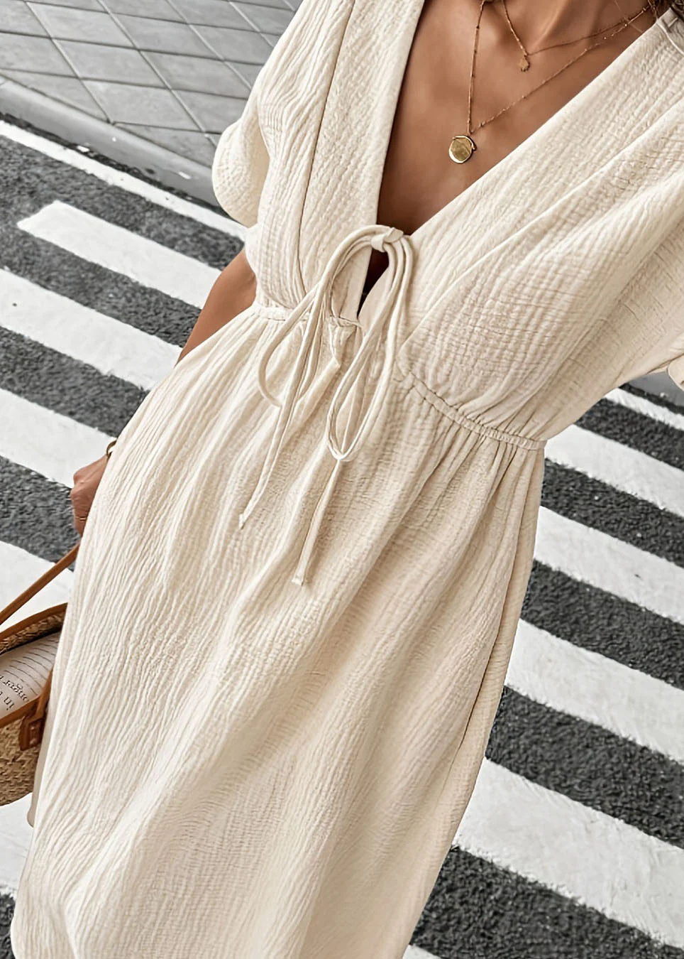 Women Beige V Neck Lace Up Patchwork Cotton Dress Summer - Image 5