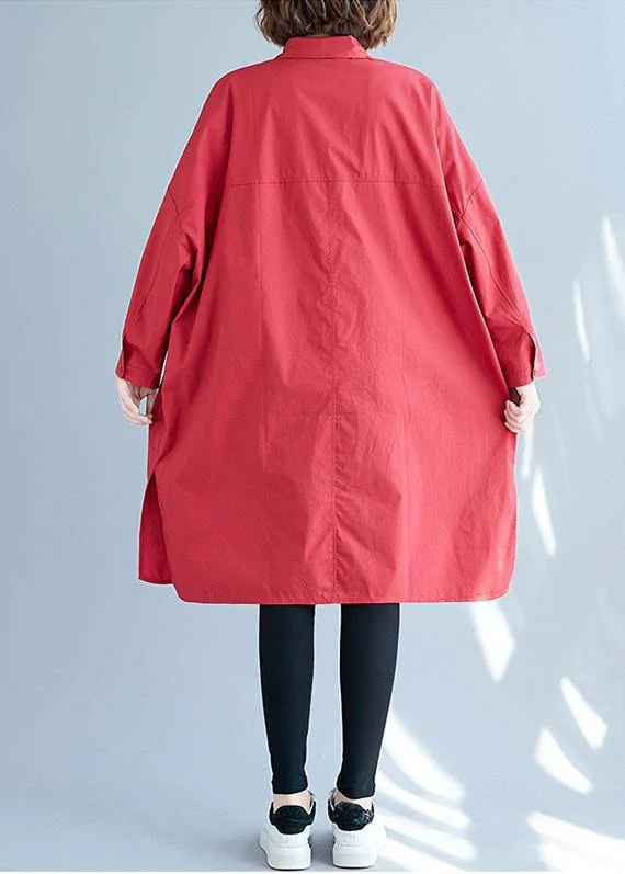 Women big pockets Cotton red long sleeve shirt Dresses fall - Image 4