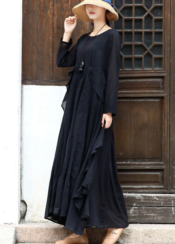 Women Black Asymmetrical Design Cotton Loose Dress Long Sleeve - Image 2