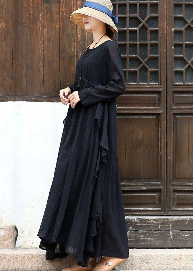 Women Black Asymmetrical Design Cotton Loose Dress Long Sleeve - Image 3