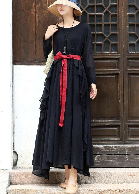 Women Black Asymmetrical Design Cotton Loose Dress Long Sleeve - Image 4