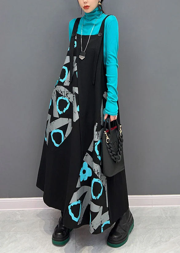 Women Black Asymmetrical Design Patchwork Print Cotton Strap Dress Spring - Image 3