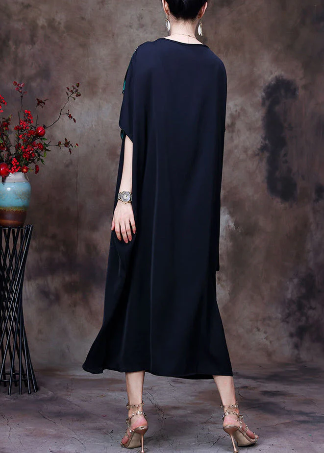 Women Black Asymmetrical Design Print Chiffon Dress Batwing Sleeve - Image 3