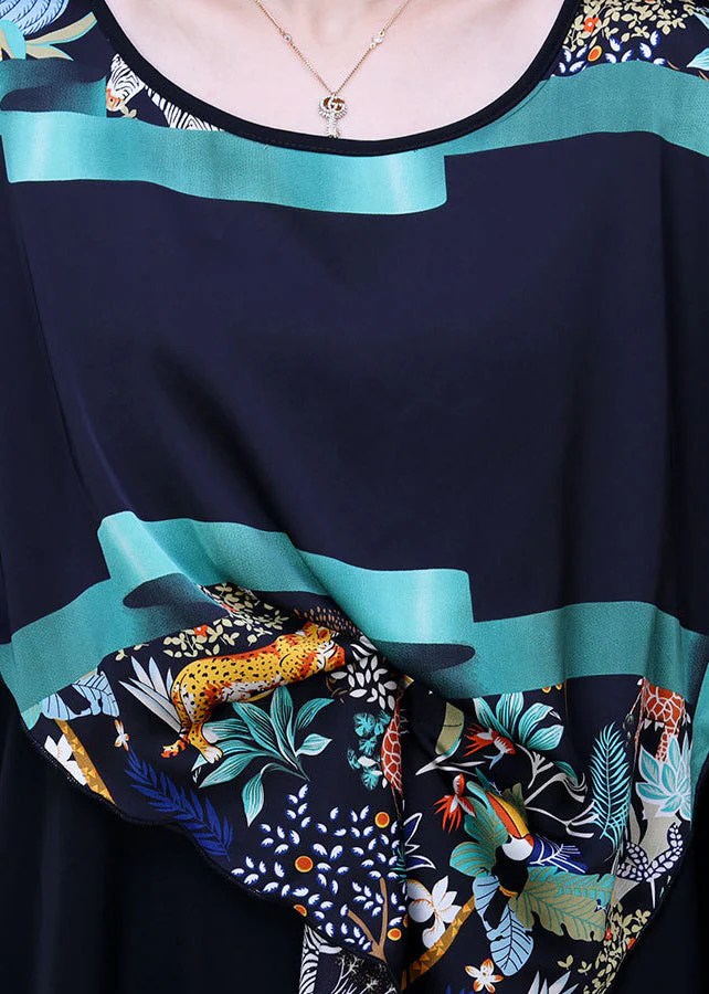 Women Black Asymmetrical Design Print Chiffon Dress Batwing Sleeve - Image 4