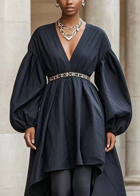 Women Black Asymmetrical Design Silm Fit Cotton Holiday Dress Fall - Image 2