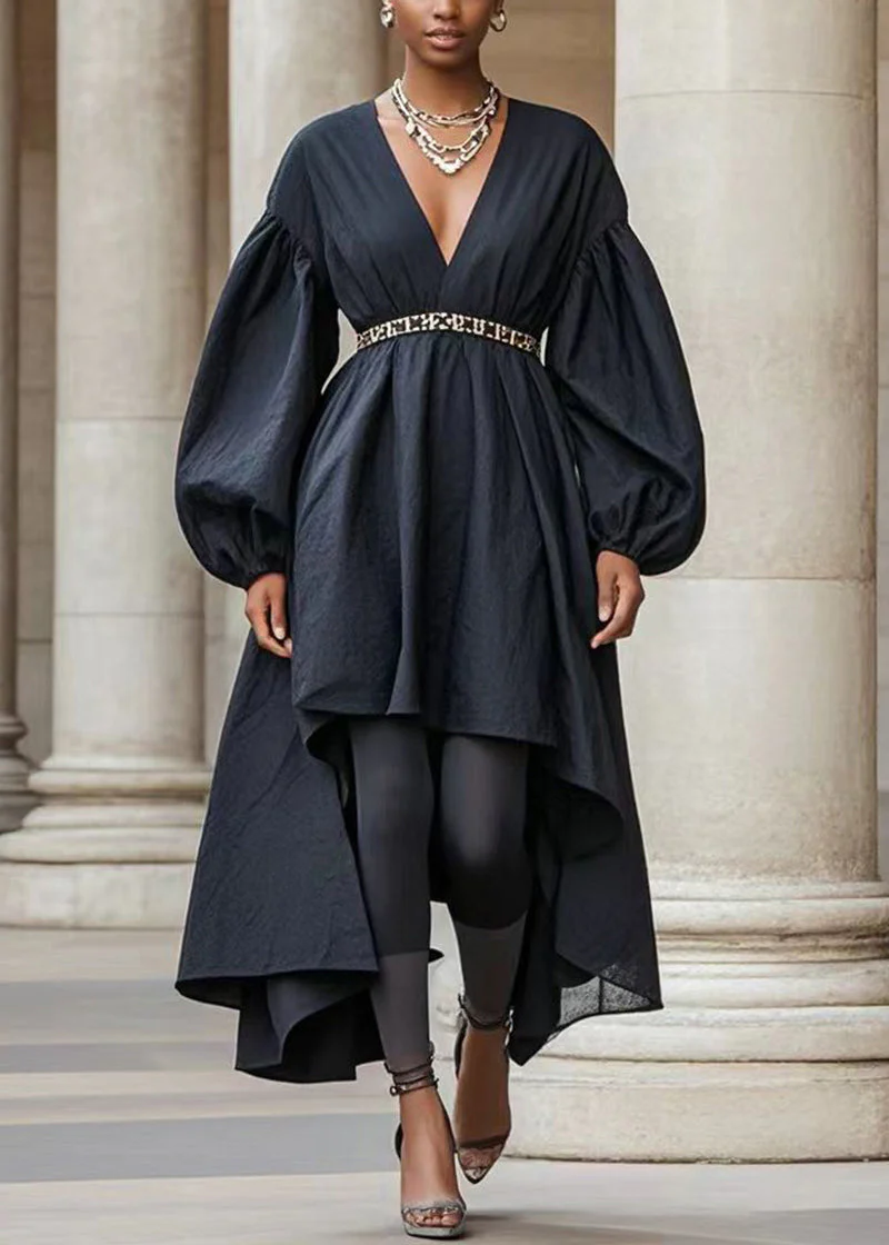 Women Black Asymmetrical Design Silm Fit Cotton Holiday Dress Fall - Image 3