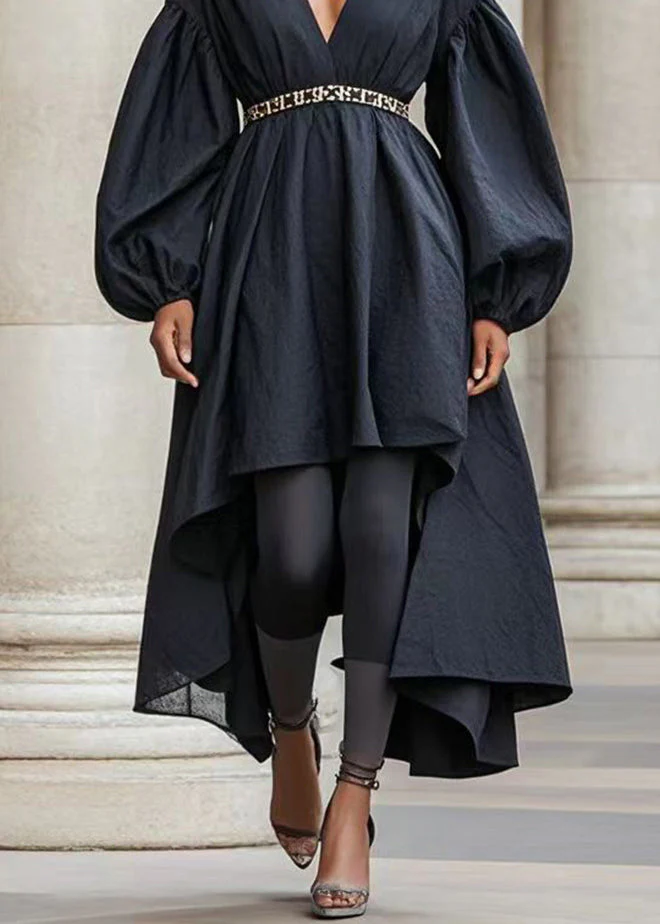 Women Black Asymmetrical Design Silm Fit Cotton Holiday Dress Fall - Image 4