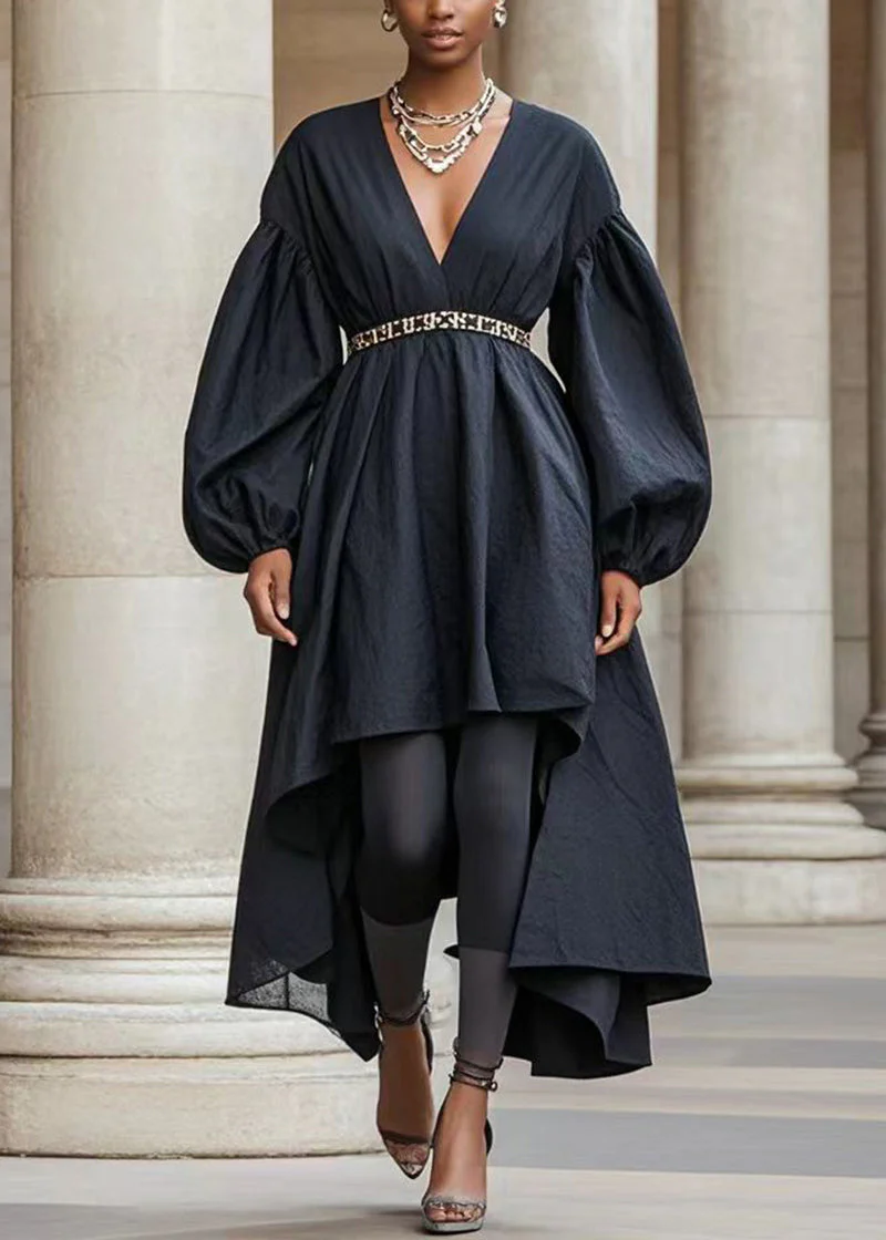 Women Black Asymmetrical Design Silm Fit Cotton Holiday Dress Fall - Image 5