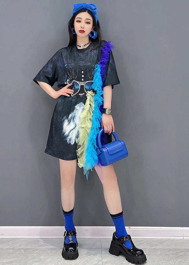 Women Black Asymmetrical Design Tulle Patchwork Print Dress Short Sleeve - Image 2