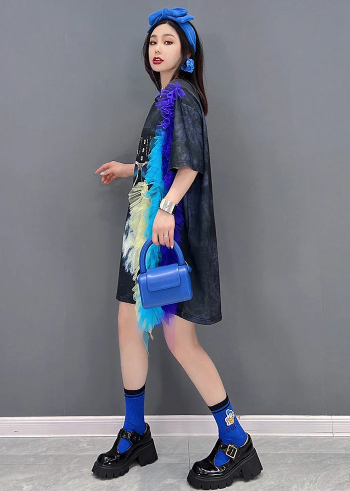 Women Black Asymmetrical Design Tulle Patchwork Print Dress Short Sleeve - Image 3