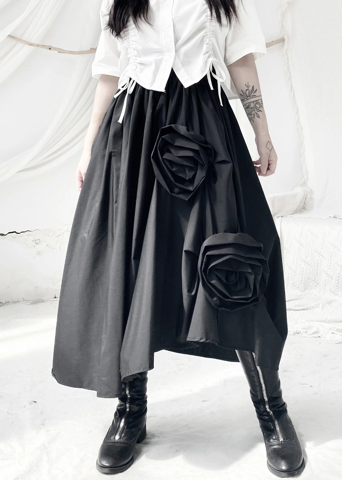 Women Black Asymmetrical Floral Elastic Waist Maxi Dress Fall - Image 2