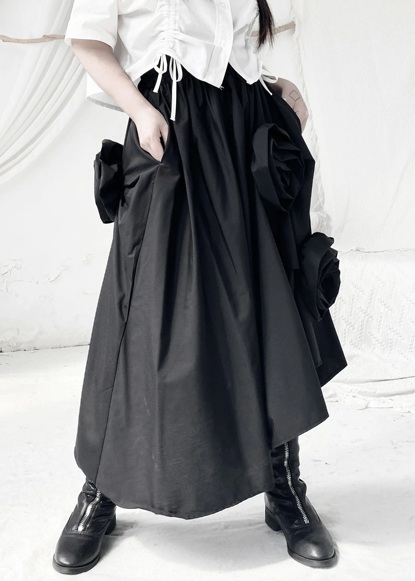 Women Black Asymmetrical Floral Elastic Waist Maxi Dress Fall - Image 3