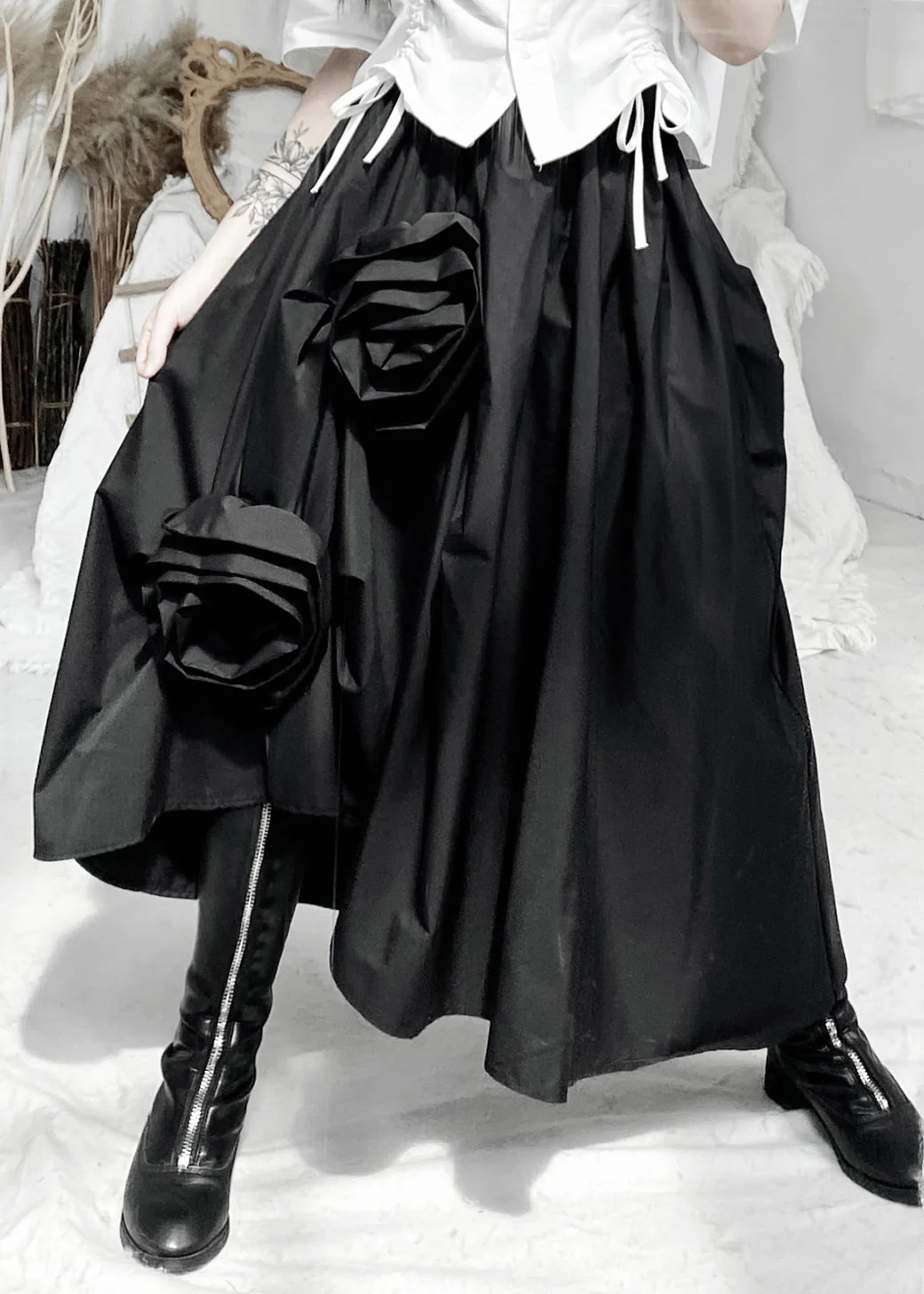 Women Black Asymmetrical Floral Elastic Waist Maxi Dress Fall - Image 4