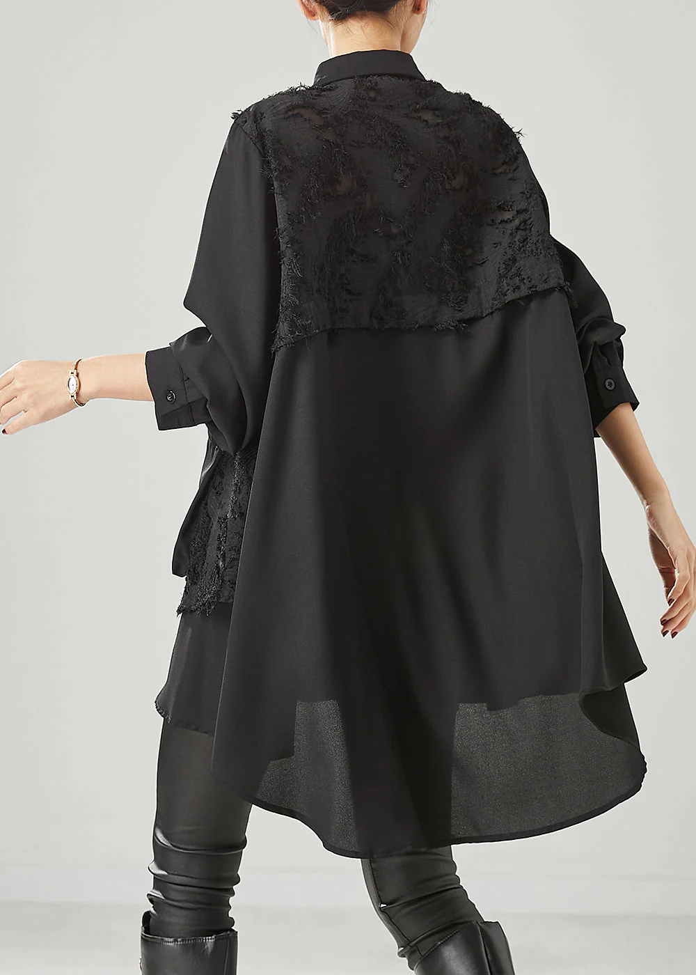 Women Black Asymmetrical Patchwork Cotton Shirt Dress Spring - Image 3