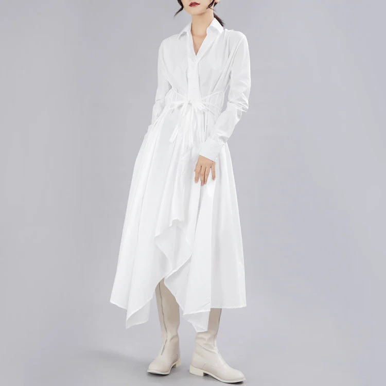 Women Black Asymmetrical tie waist Long Dresses Long Sleeve - Image 2