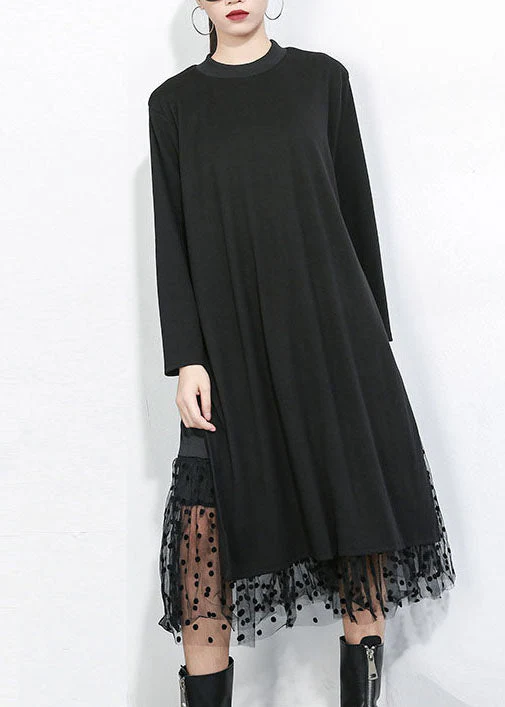 Women Black Asymmetrical Tulle Patchwork Cotton Maxi Dresses Spring - Image 2