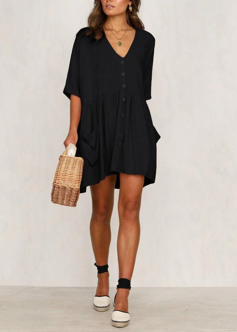 Women Black Button Cotton Pockets Summer Vacation Dresses - Image 3