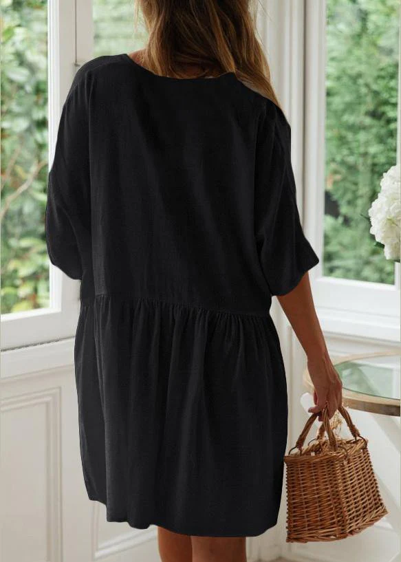 Women Black Button Cotton Pockets Summer Vacation Dresses - Image 4