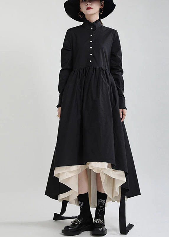 Women Black Button Patchwork asymmetrical design Fall Dresses Long sleeve - Image 2