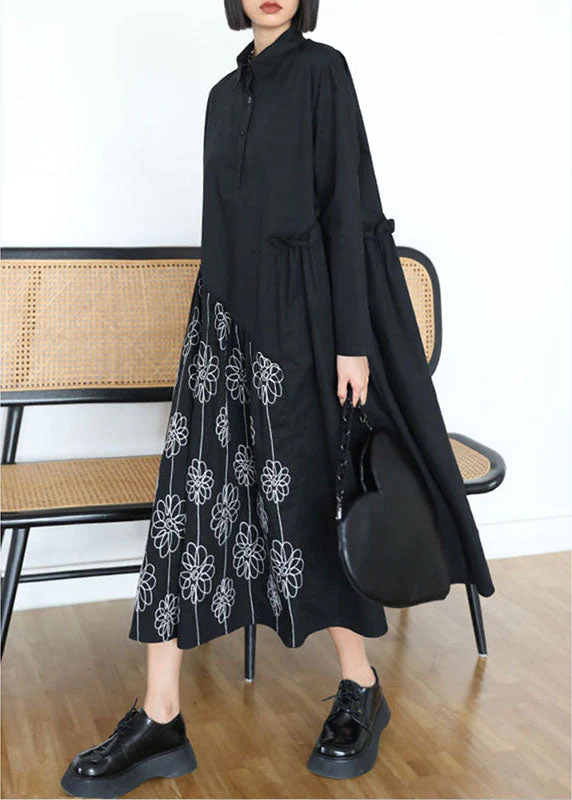 Women Black Button Patchwork Ruffled Fall Dress Long sleeve - Image 2
