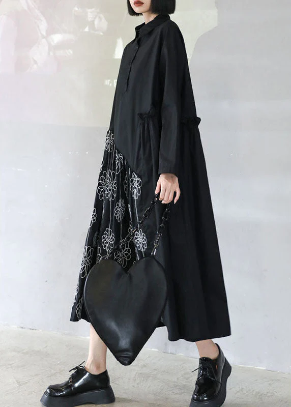 Women Black Button Patchwork Ruffled Fall Dress Long sleeve - Image 3