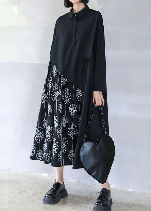 Women Black Button Patchwork Ruffled Fall Dress Long sleeve - Image 4