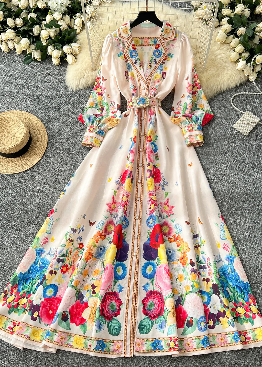 Women Black Cinched Floral Chiffon A Line Dress Spring - Image 2