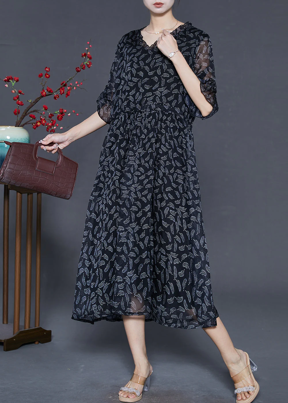 Women Black Cinched Print Chiffon Long Dresses Summer - Image 2