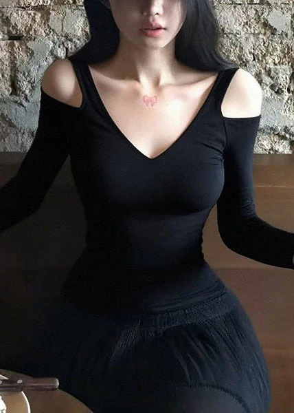 Women Black Cold Shoulder Cotton Shirts Spring - Image 3