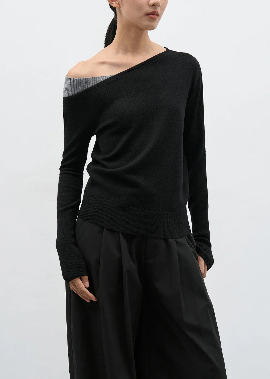 Women Black Cold Shoulder Patchwork Knit Sweaters Spring