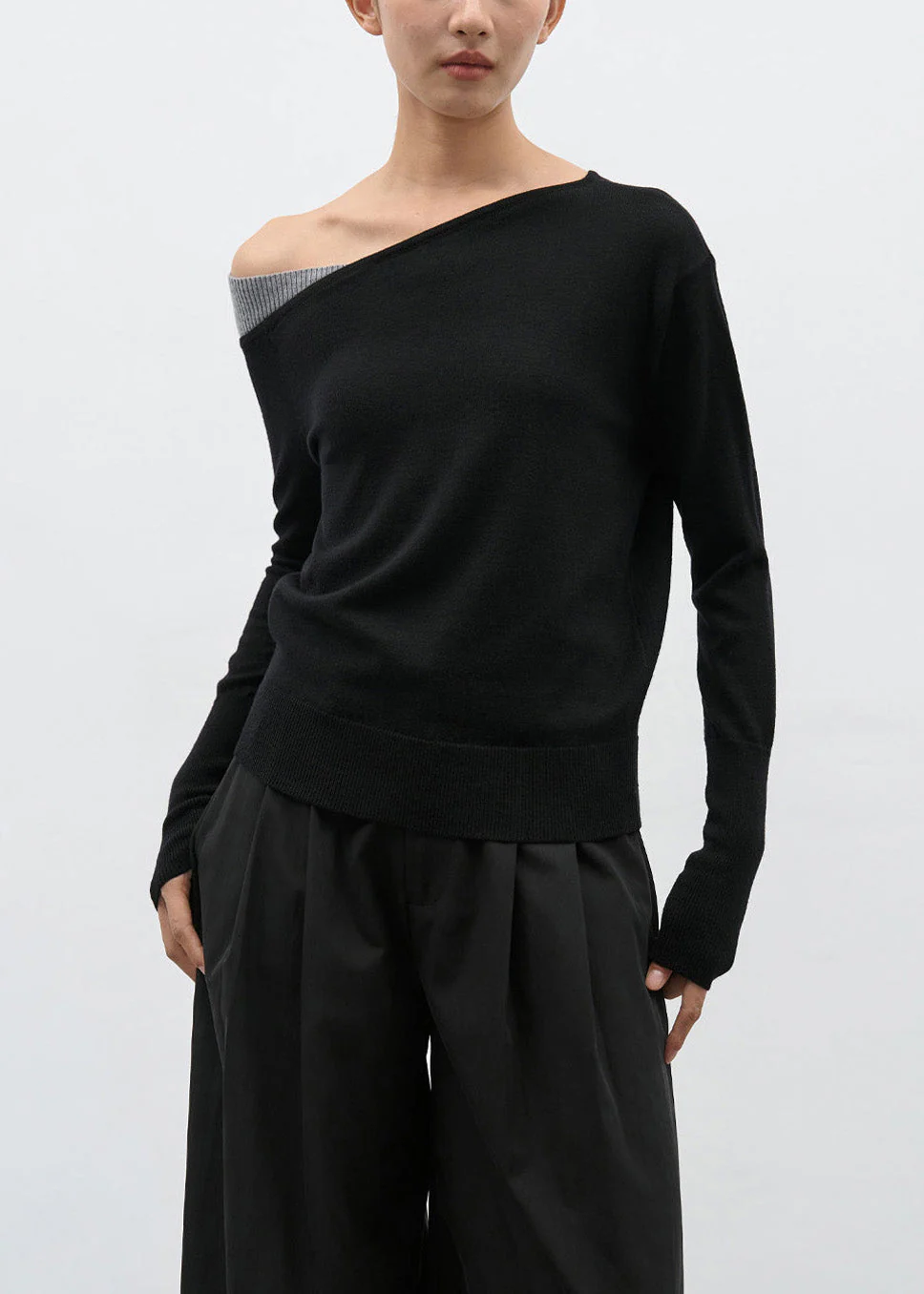 Women Black Cold Shoulder Patchwork Knit Sweaters Spring - Image 2