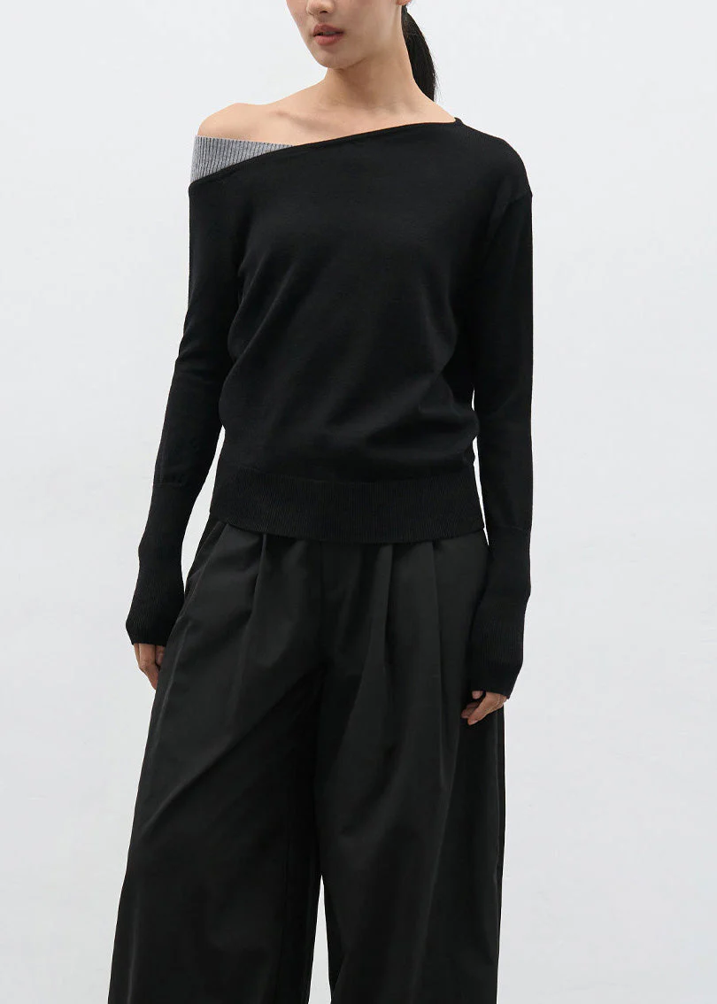 Women Black Cold Shoulder Patchwork Knit Sweaters Spring - Image 3