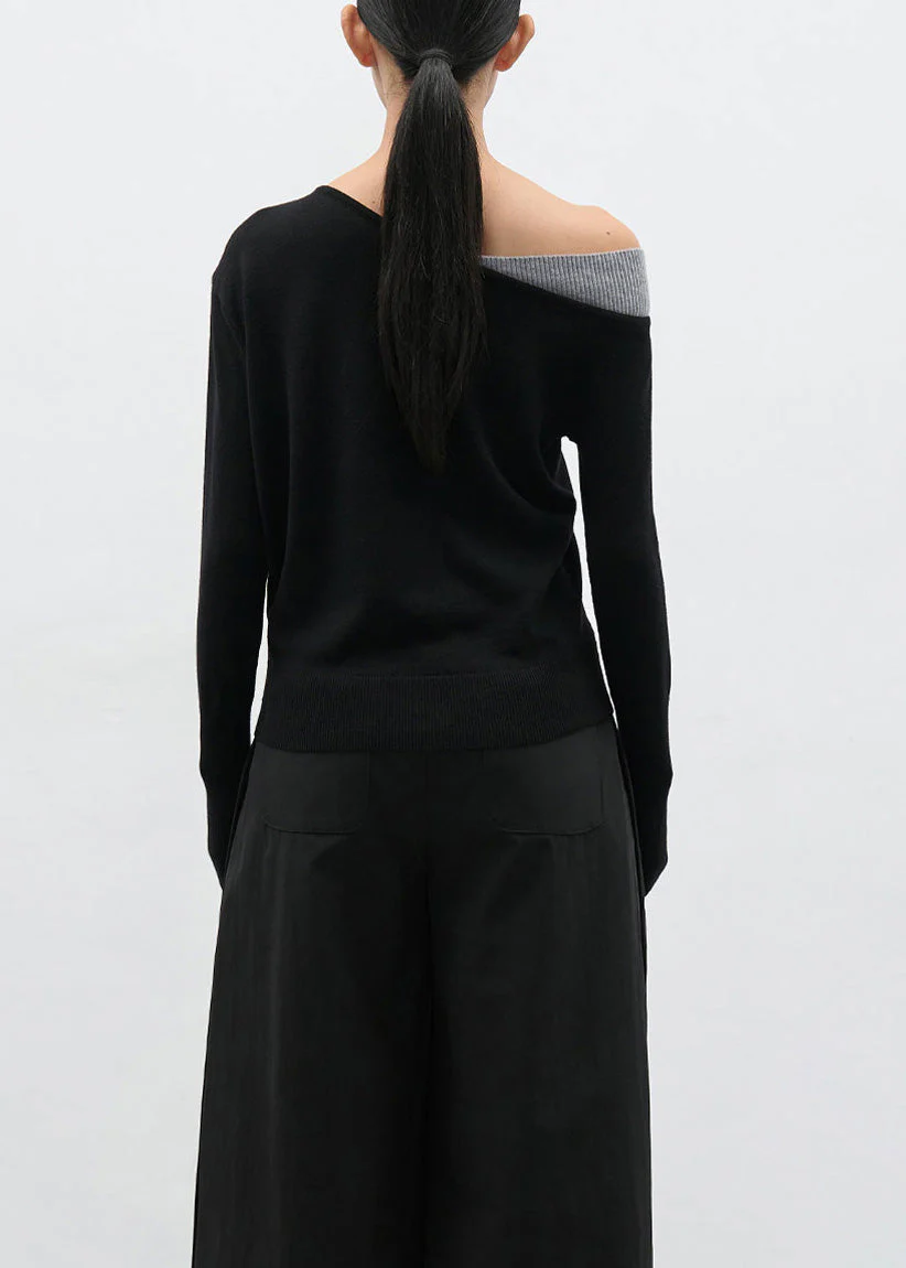 Women Black Cold Shoulder Patchwork Knit Sweaters Spring - Image 4
