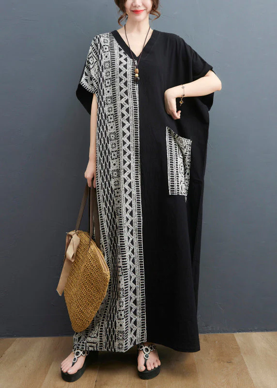 Women Black Colorblock V Neck Pocket Patchwork Holiday Dress Short Sleeve - Image 2