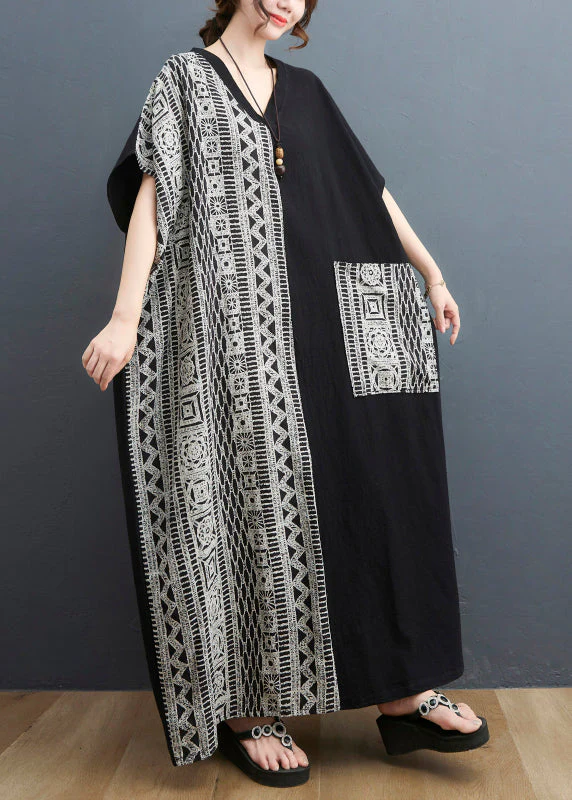 Women Black Colorblock V Neck Pocket Patchwork Holiday Dress Short Sleeve - Image 4