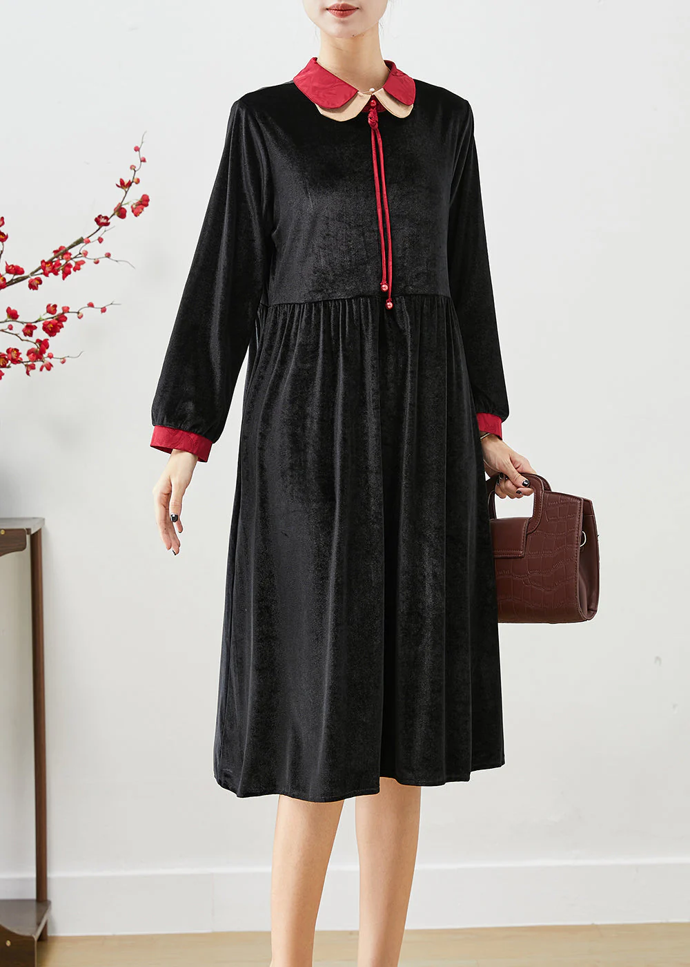 Women Black Double-layer Tasseled Silk Velour Dress Fall - Image 2