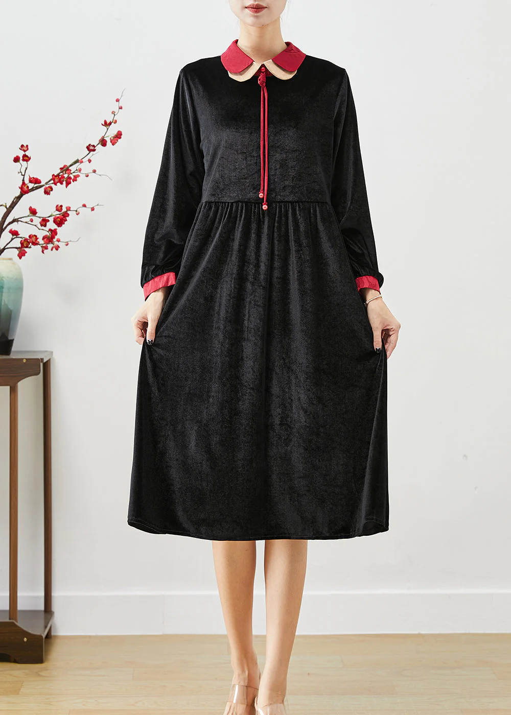 Women Black Double-layer Tasseled Silk Velour Dress Fall - Image 3