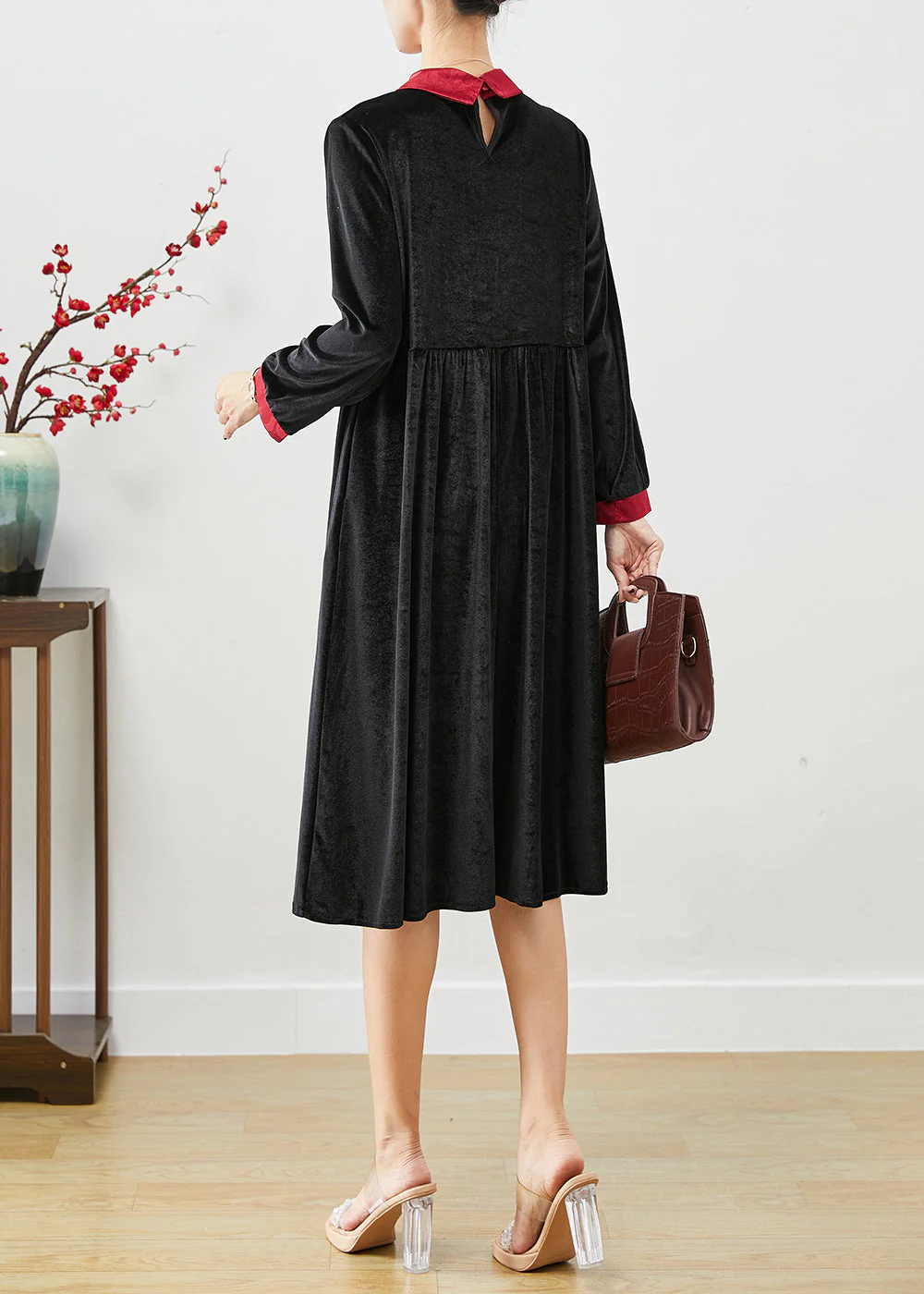 Women Black Double-layer Tasseled Silk Velour Dress Fall - Image 4