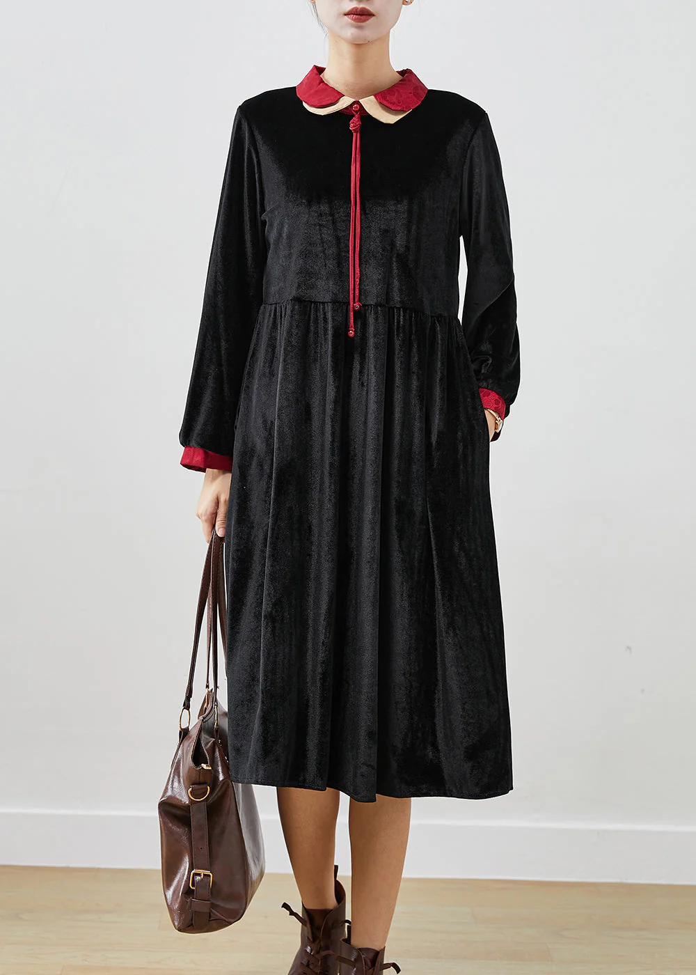 Women Black Double-layer Tasseled Silk Velour Robe Dresses Fall - Image 2