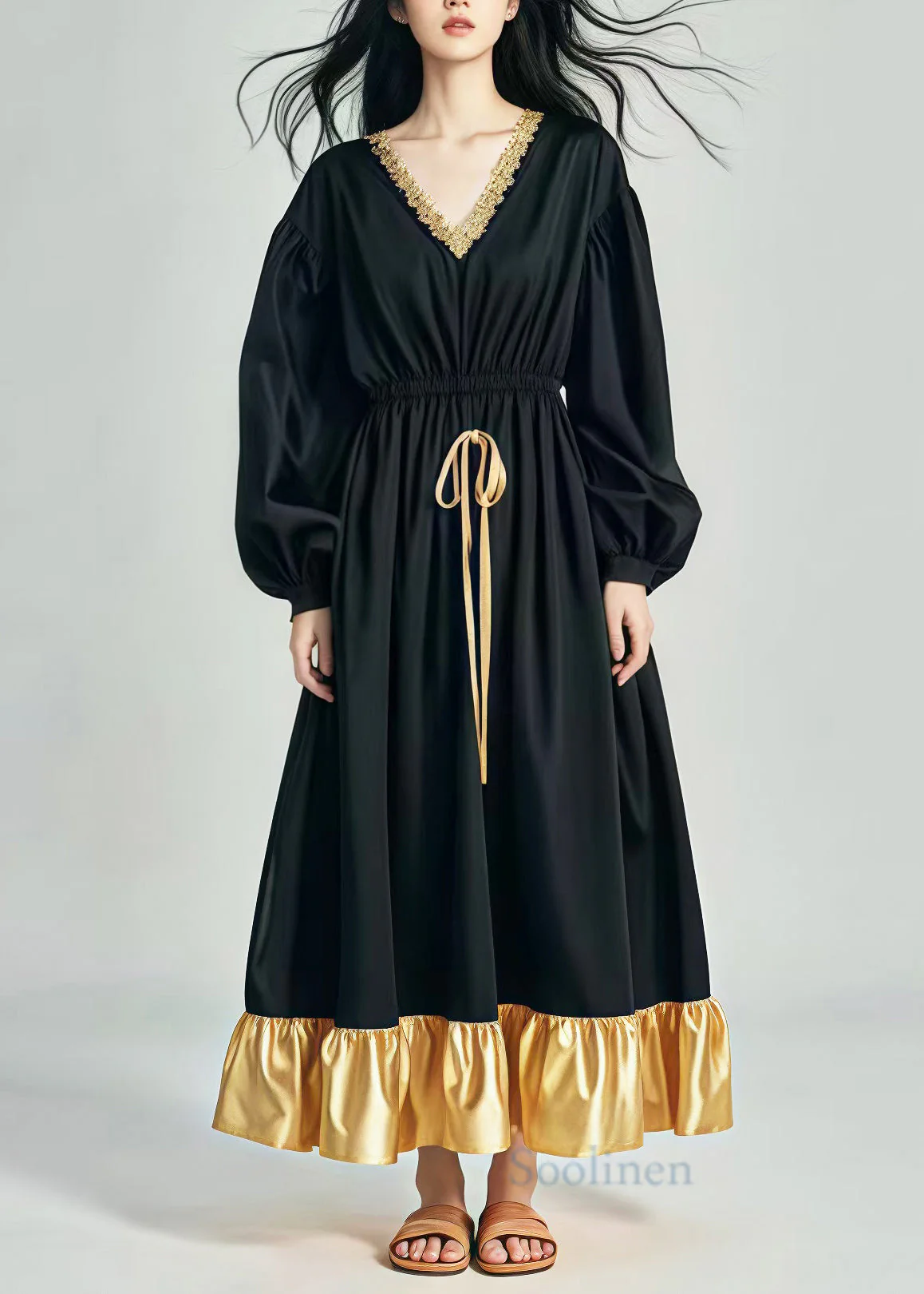 Women Black Elastic Waist Patchwork Exra Large Hem Cotton Dress Spring - Image 2
