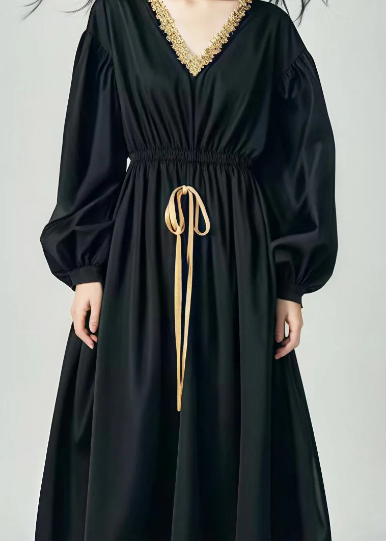 Women Black Elastic Waist Patchwork Exra Large Hem Cotton Dress Spring - Image 4
