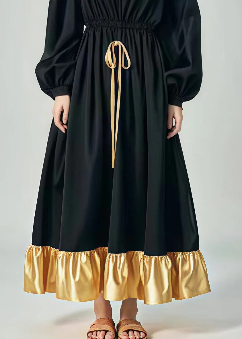 Women Black Elastic Waist Patchwork Exra Large Hem Cotton Dress Spring - Image 5