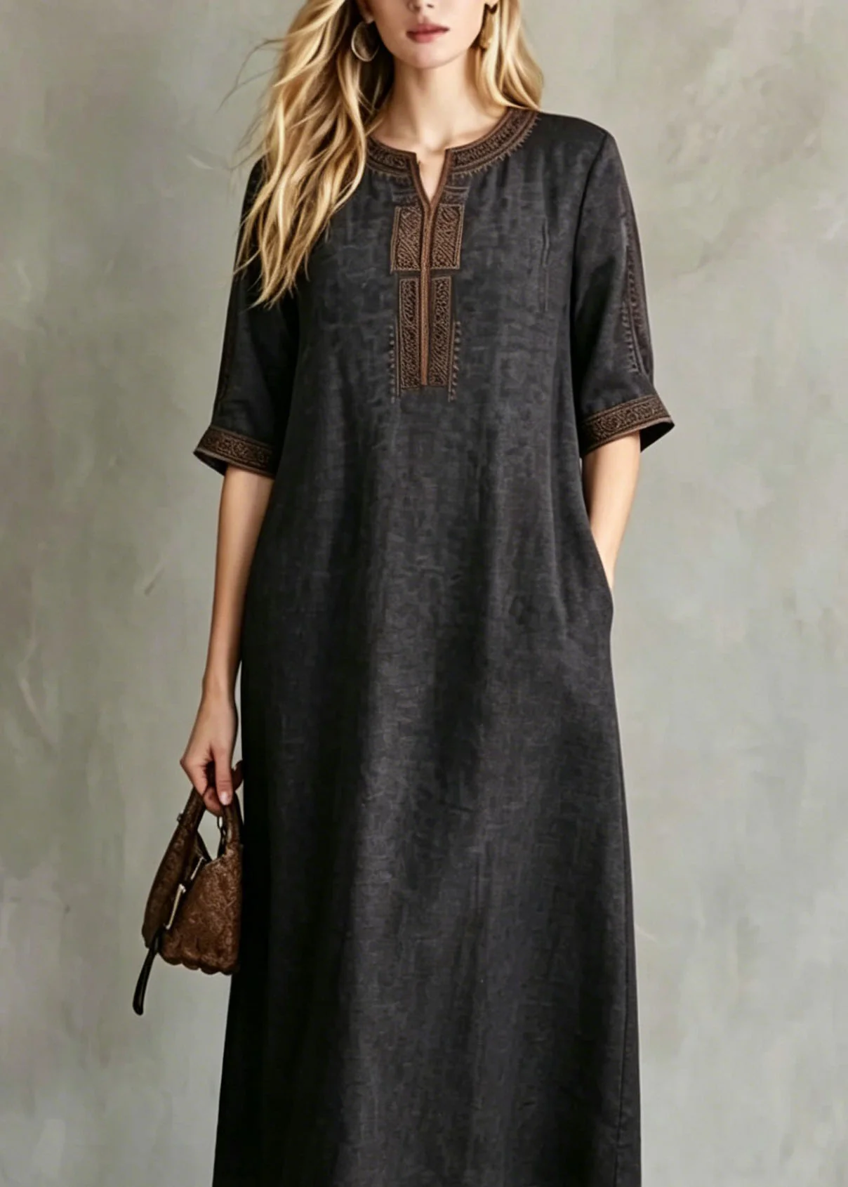 Women Black Embroidered Button Silk Maxi Dresses Summer - Image 2
