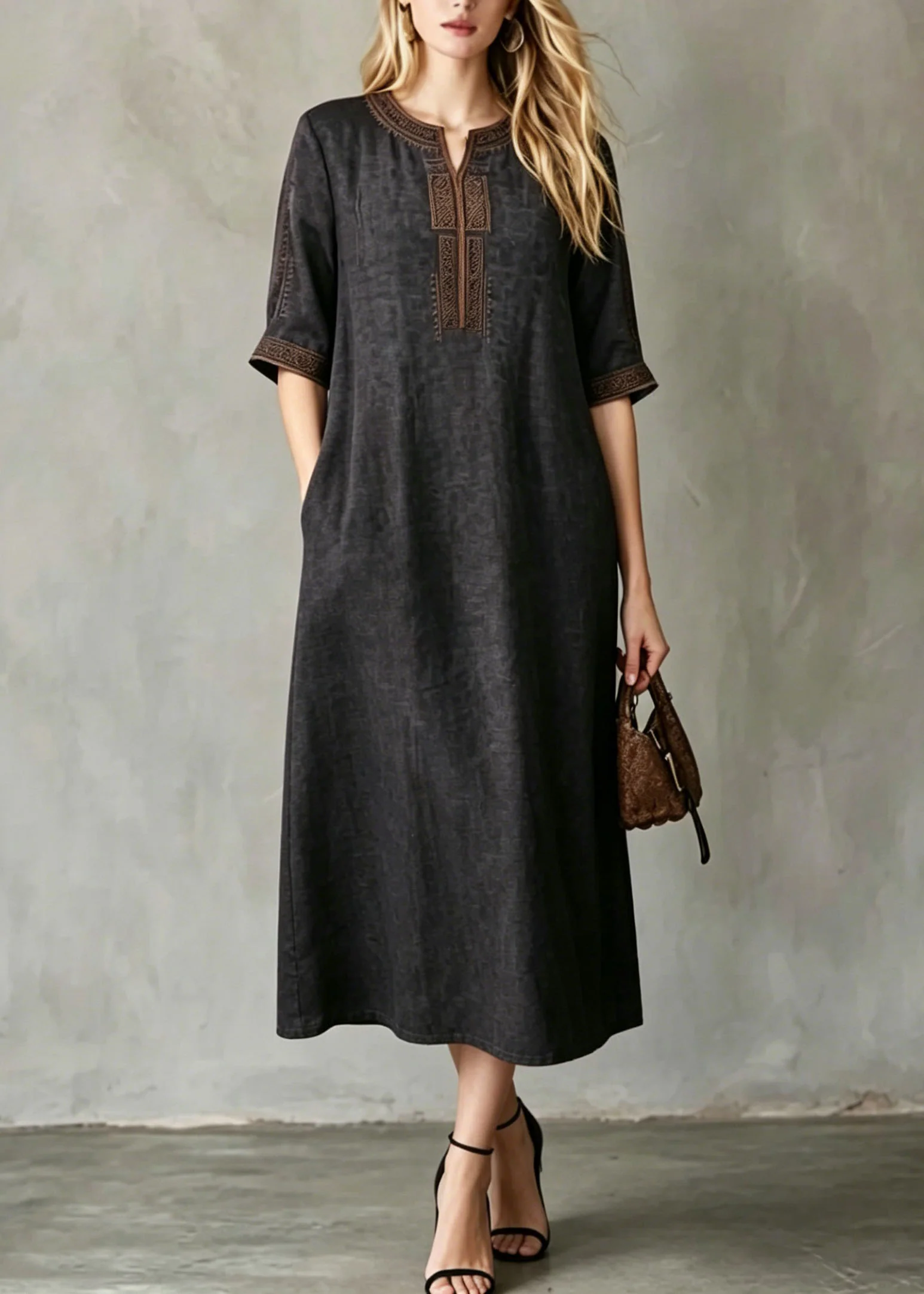 Women Black Embroidered Button Silk Maxi Dresses Summer - Image 3
