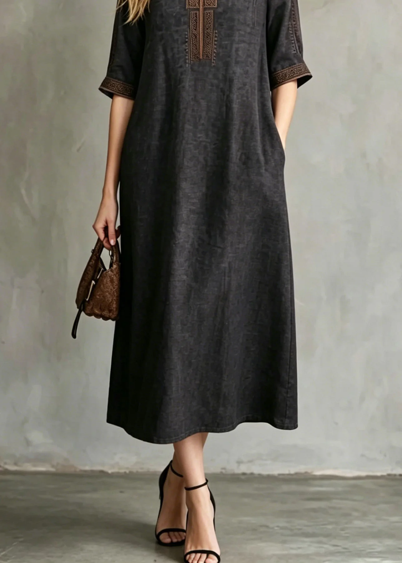 Women Black Embroidered Button Silk Maxi Dresses Summer - Image 4